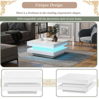 High Gloss Minimalist 2-Tier Square Coffee Table with LED Lights for Living Room, 31.5''x31.5''x14.2'', White