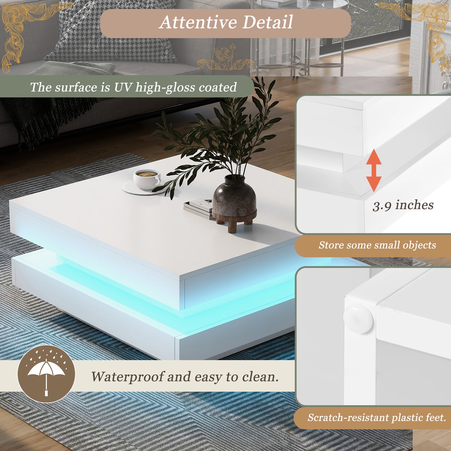 High Gloss Minimalist 2-Tier Square Coffee Table with LED Lights for Living Room, 31.5''x31.5''x14.2'', White
