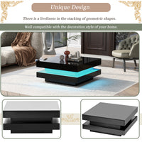 High Gloss Minimalist LED 2-Tier Square Coffee Table, Modern Center Table for Living Room, 31.5x31.5x14.2, Black Finish