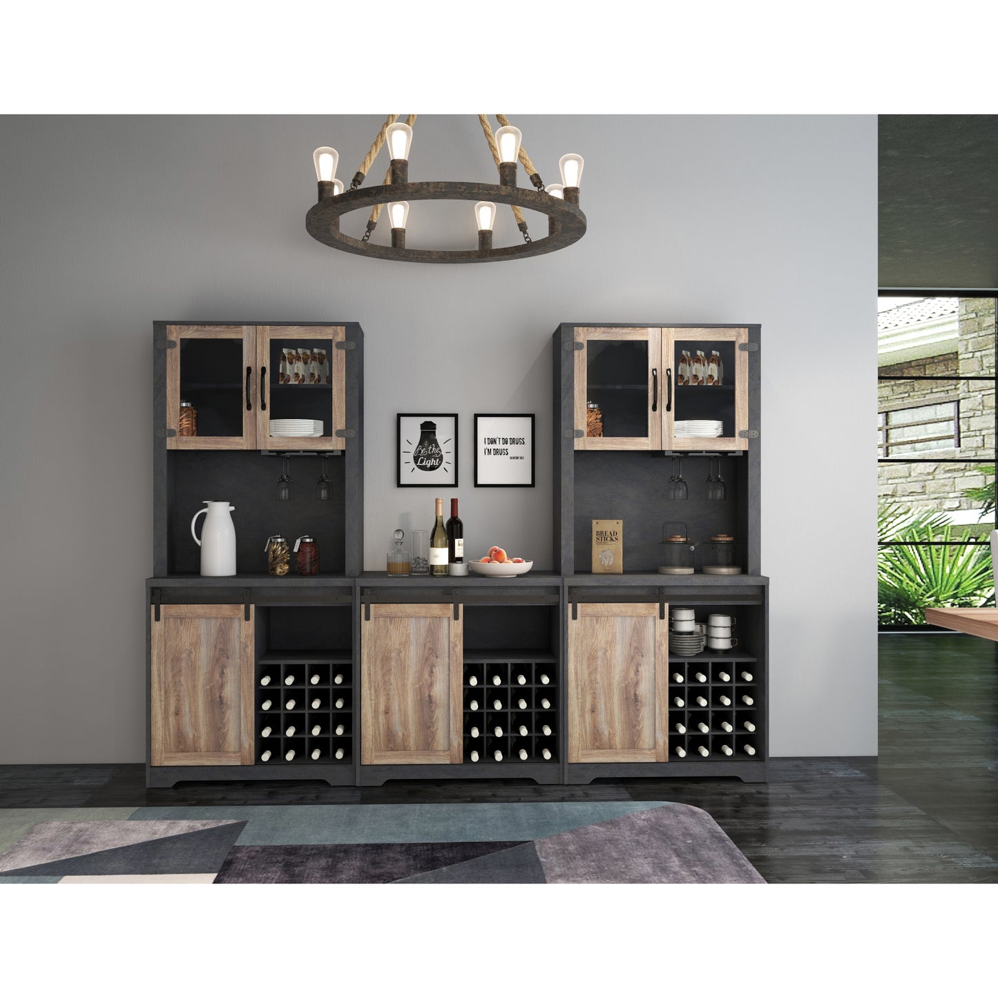 31 Inch Farmhouse Barn Door Bar Cabinet for Living Room, Dining Room, Rustic Storage Organizer, Wine Rack, Home Decor