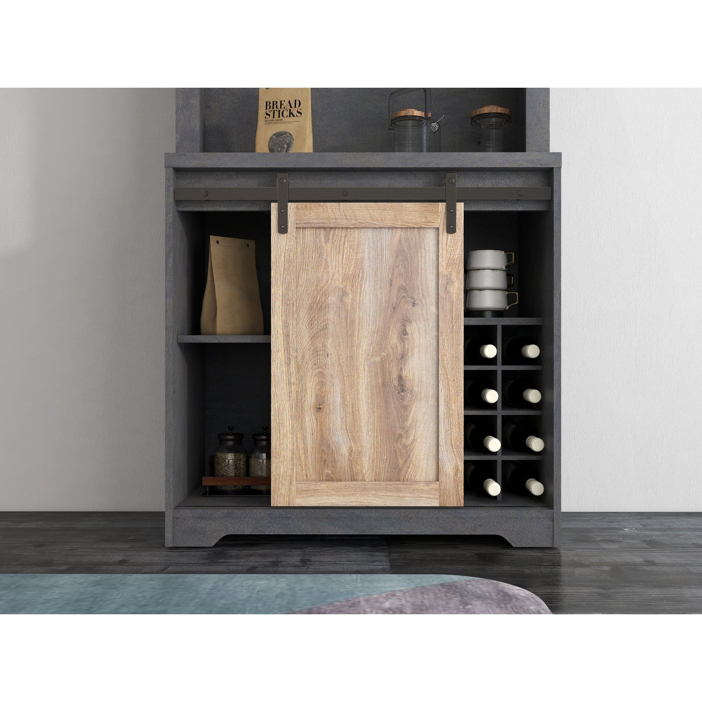 31 Inch Farmhouse Barn Door Bar Cabinet for Living Room, Dining Room, Rustic Storage Organizer, Wine Rack, Home Decor