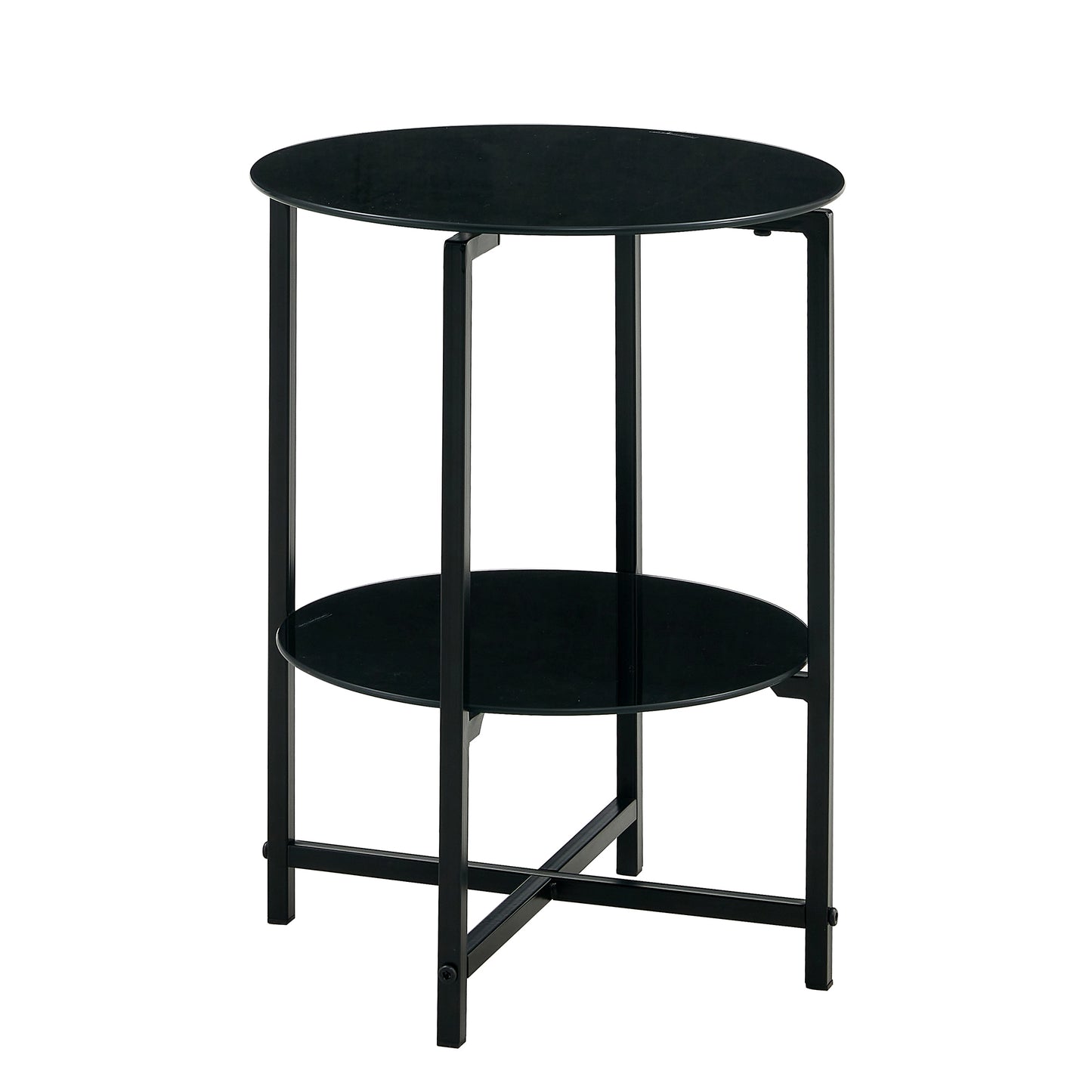 2-Piece Set Black Tempered Glass Round Coffee End Table for Living Room, Bedroom, Office