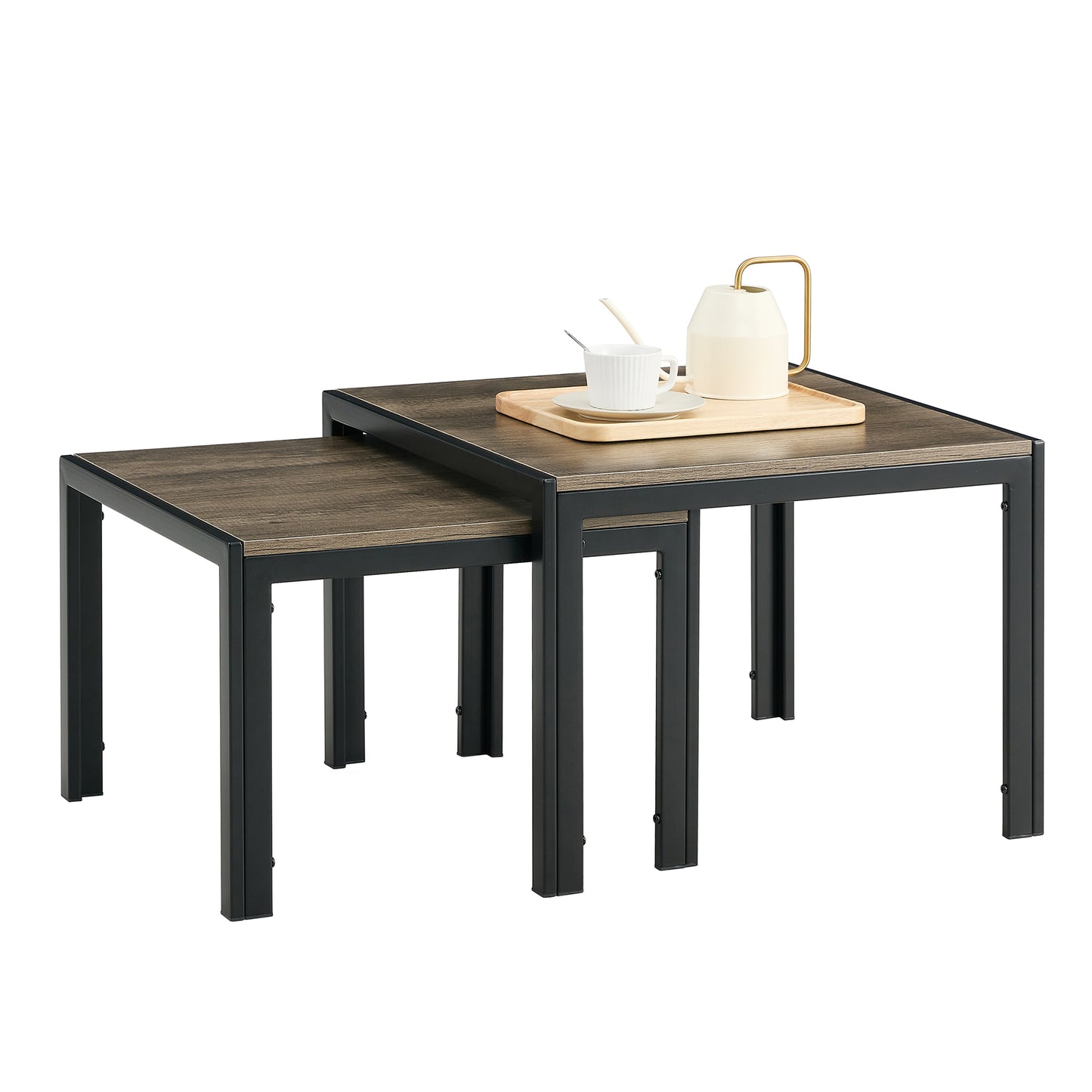 2-Piece Nesting Coffee Table Set, Square Modern Stacking Table With Wood Finish For Living Room