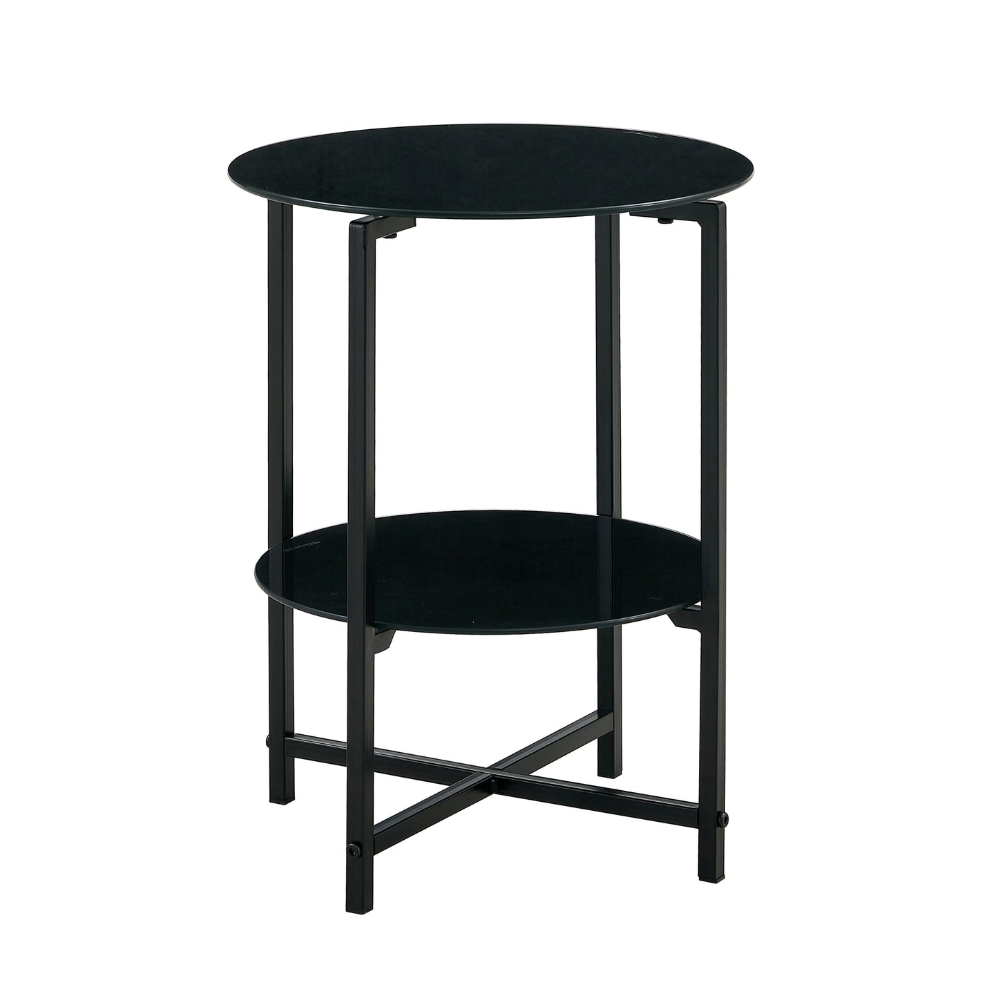 2-Piece Set Black Tempered Glass Round Coffee End Table for Living Room, Bedroom, Office