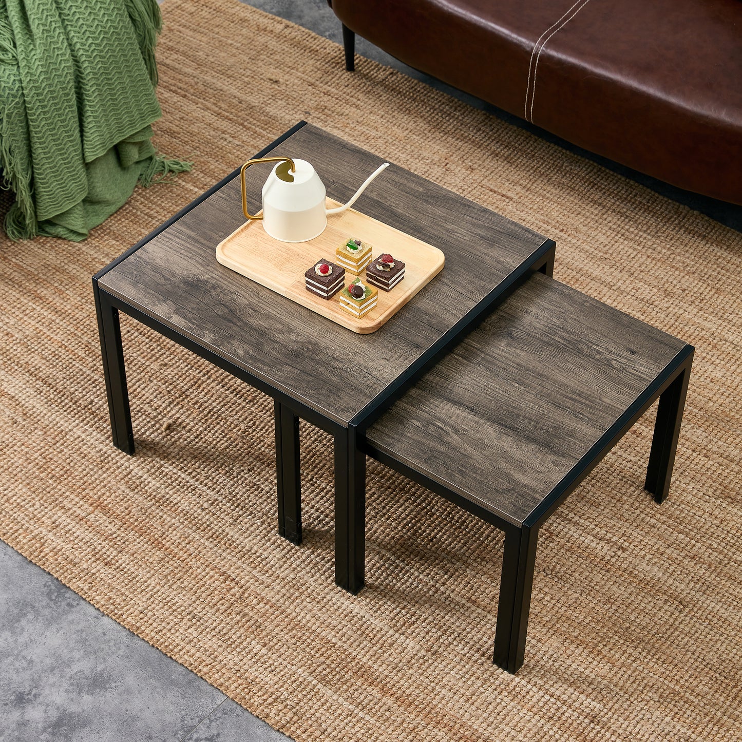 2-Piece Nesting Coffee Table Set, Square Modern Stacking Table With Wood Finish For Living Room