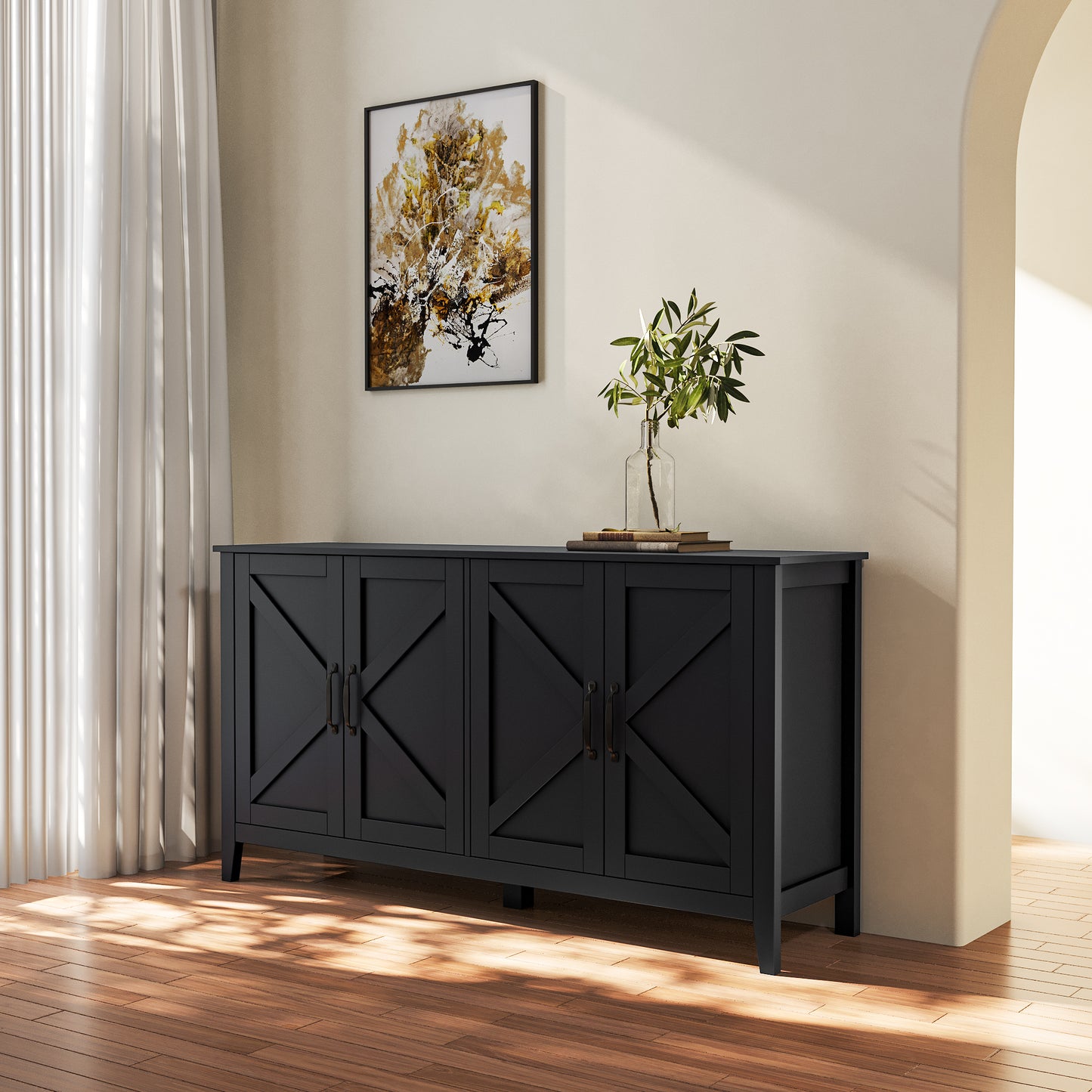 Freestanding 4-Door Sideboard with Open Shelves - Versatile Storage Cabinet for Living Room, Office, or Bedroom