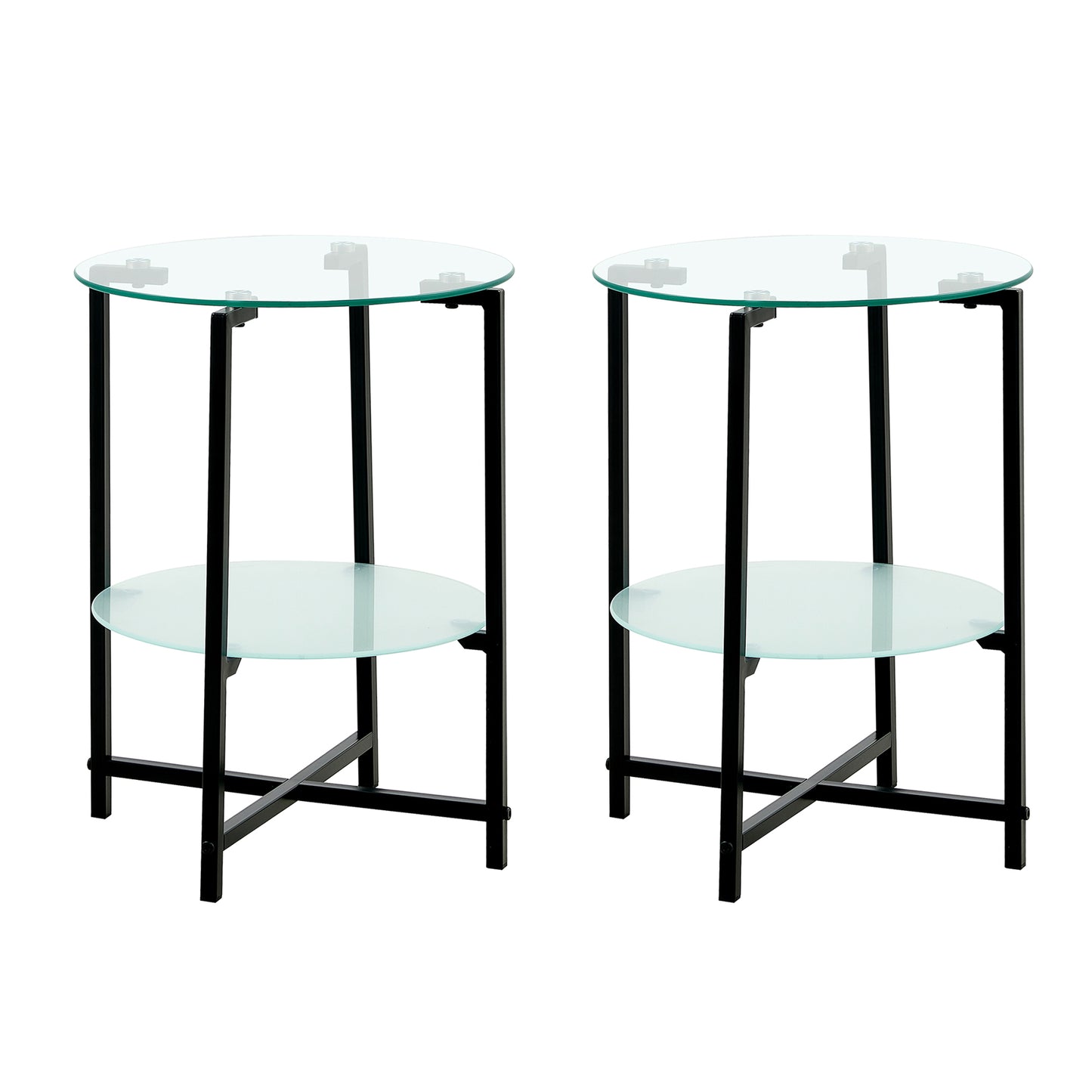 2-Piece Set Clear Tempered Glass End Table & Round Coffee Table for Living Room, Bedroom, Office - Modern Furniture