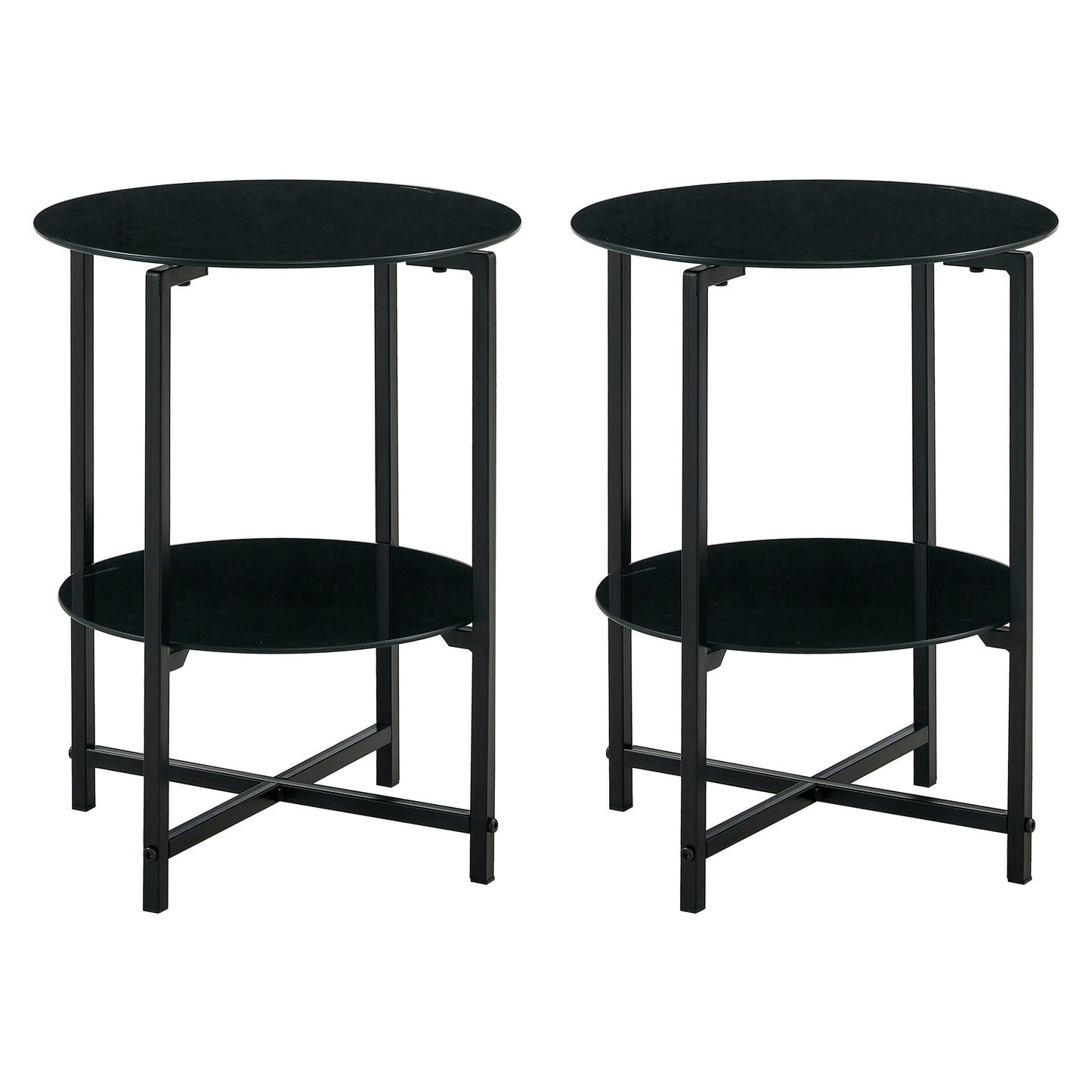 2-Piece Set Black Tempered Glass Round Coffee End Table for Living Room, Bedroom, Office