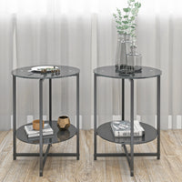 2-Piece Set Black Tempered Glass Round Coffee End Table for Living Room, Bedroom, Office