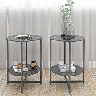 2-Piece Set Black Tempered Glass Round Coffee End Table for Living Room, Bedroom, Office