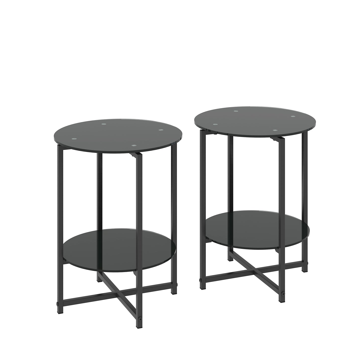 2-Piece Set Black Tempered Glass Round Coffee End Table for Living Room, Bedroom, Office