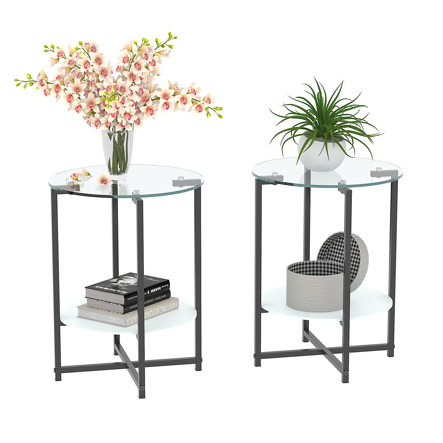 2-Piece Set Clear Tempered Glass End Table & Round Coffee Table for Living Room, Bedroom, Office - Modern Furniture