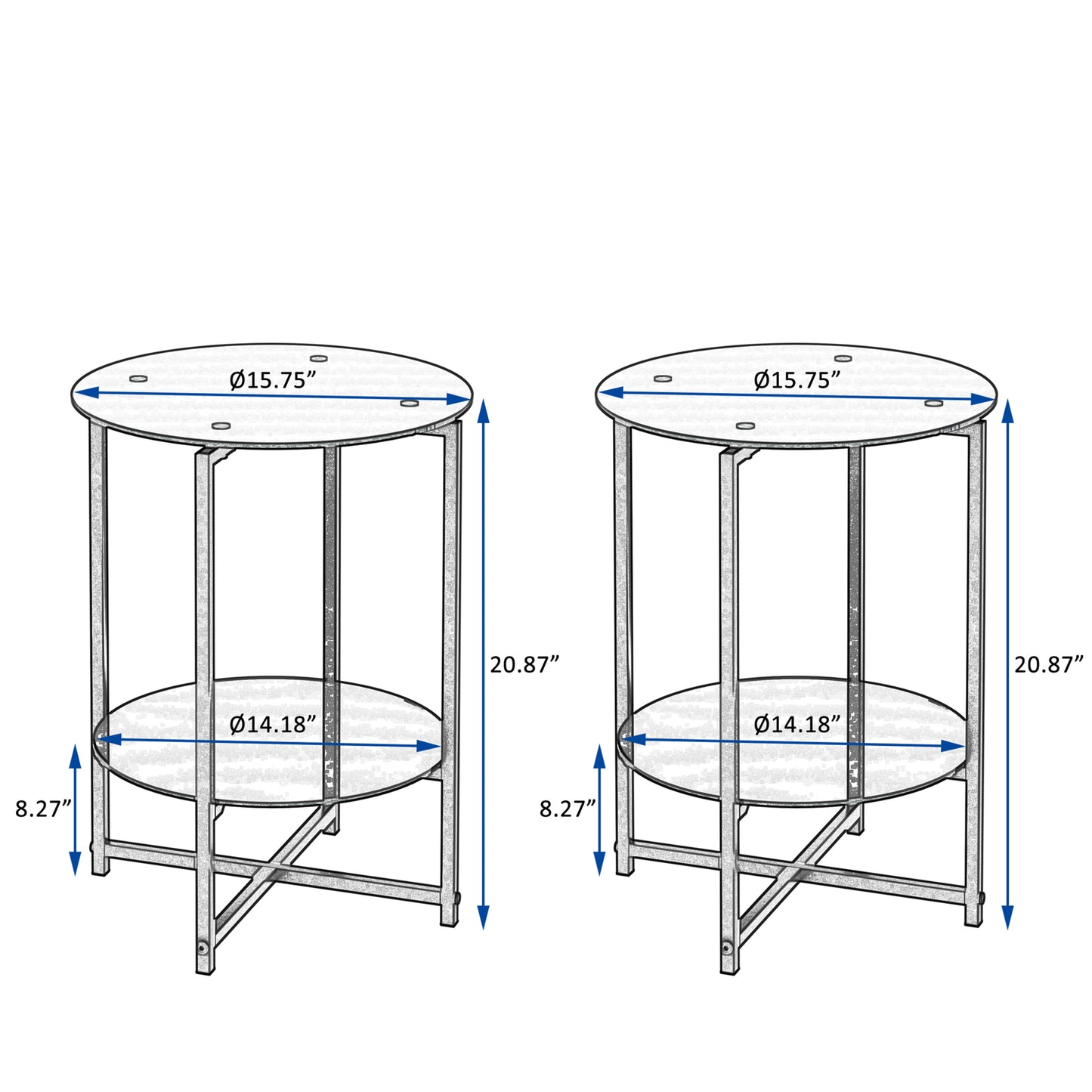 2-Piece Set Black Tempered Glass Round Coffee End Table for Living Room, Bedroom, Office