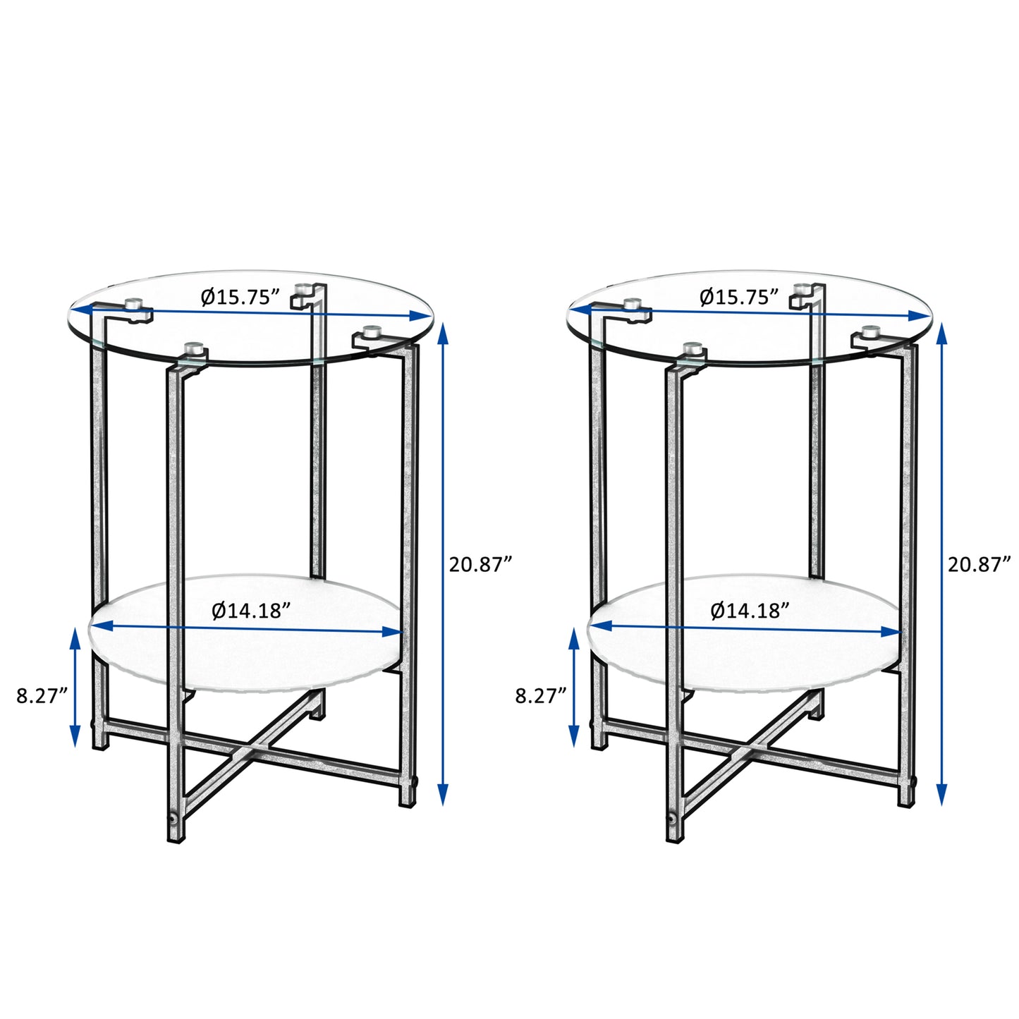 2-Piece Set Clear Tempered Glass End Table & Round Coffee Table for Living Room, Bedroom, Office - Modern Furniture