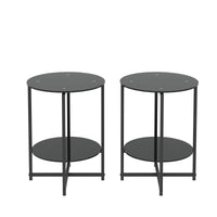 2-Piece Set Black Tempered Glass Round Coffee End Table for Living Room, Bedroom, Office