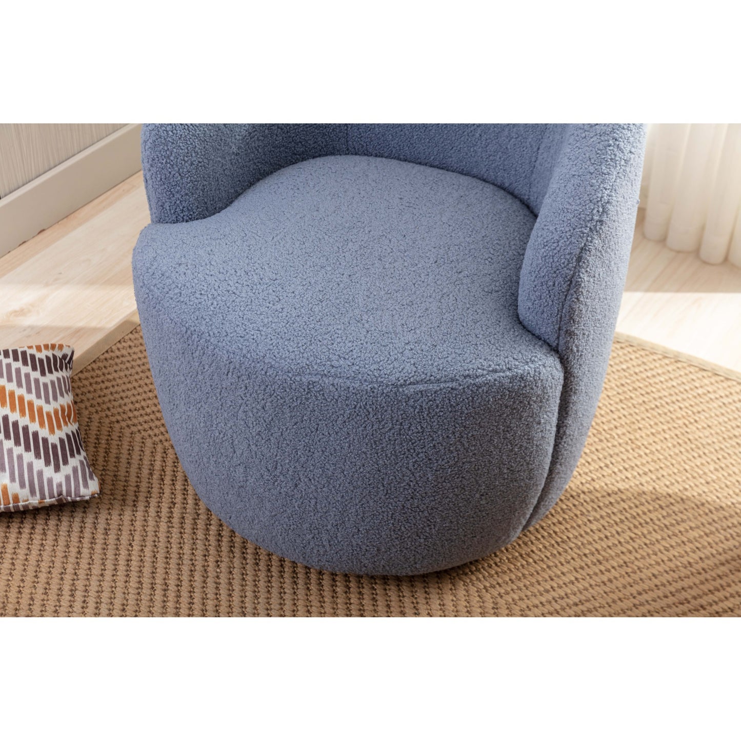 Light Blue Teddy Fabric Swivel Accent Armchair, Barrel Chair with Black Powder Coating Metal Ring for Living Room, Home Office, Cozy Seating