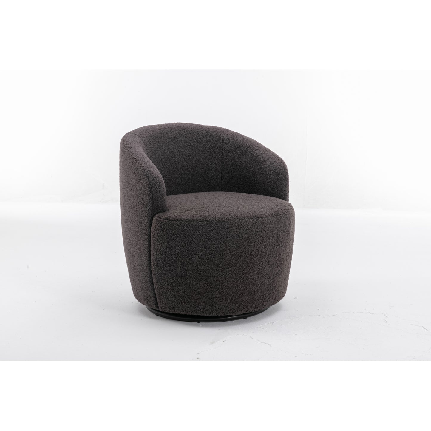 Cozy Teddy Fabric Swivel Accent Armchair - Barrel Chair with Black Metal Ring, Dark Gray Upholstery, Stylish and Comfortable Seating