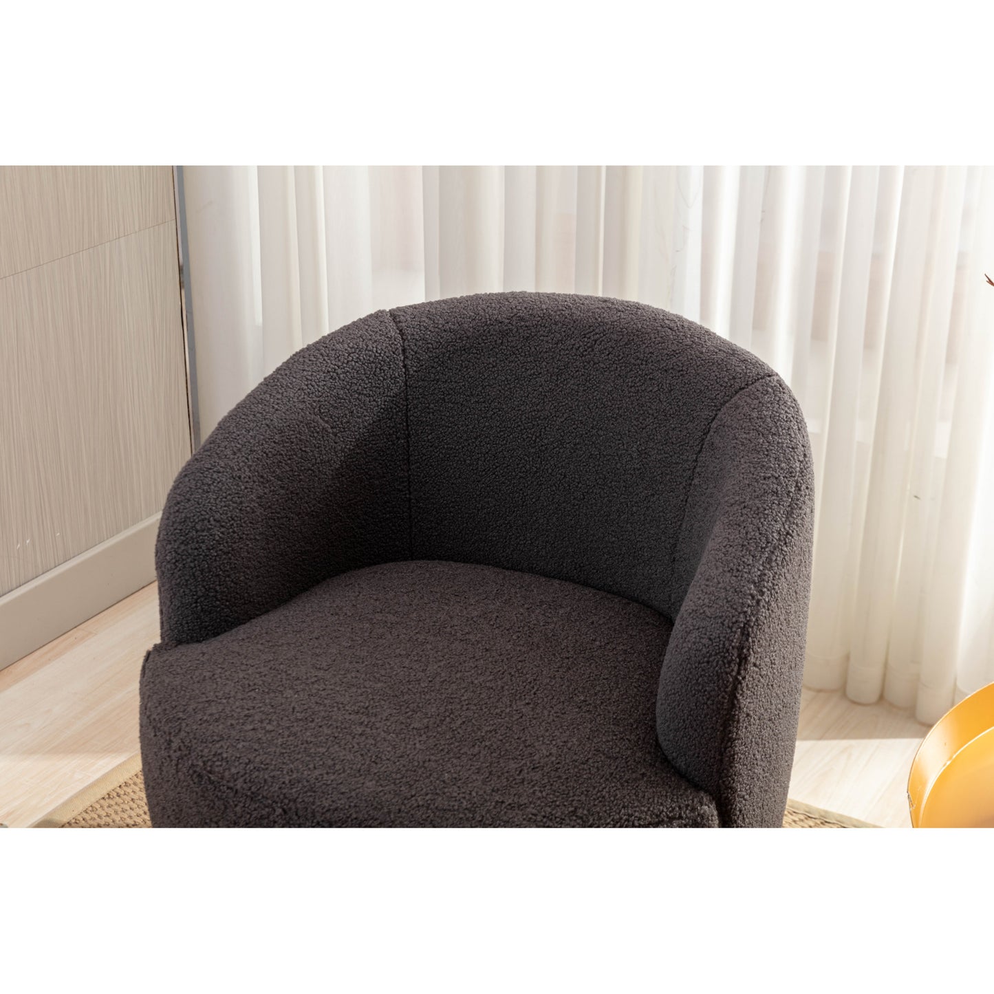 Cozy Teddy Fabric Swivel Accent Armchair - Barrel Chair with Black Metal Ring, Dark Gray Upholstery, Stylish and Comfortable Seating