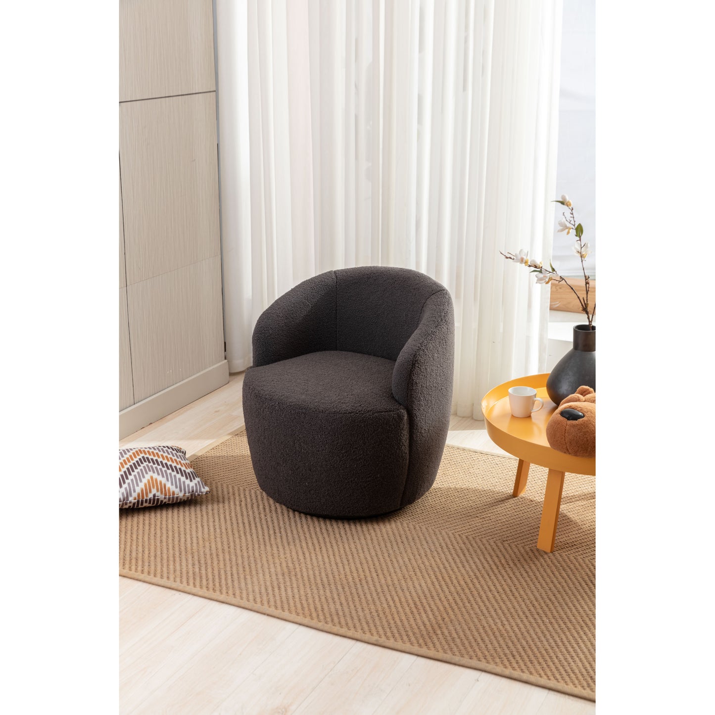 Cozy Teddy Fabric Swivel Accent Armchair - Barrel Chair with Black Metal Ring, Dark Gray Upholstery, Stylish and Comfortable Seating