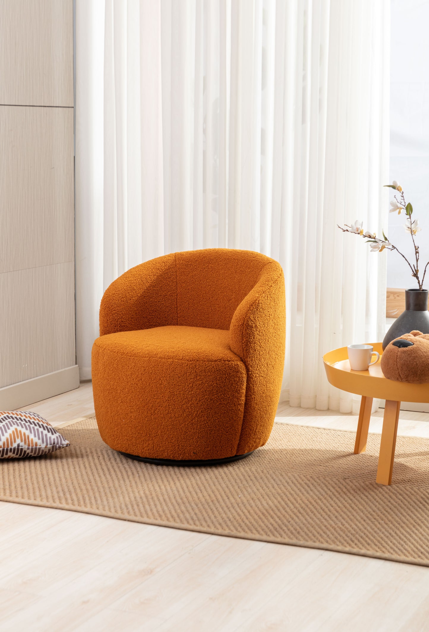 Teddy Fabric Swivel Accent Armchair Barrel Chair with Black Metal Ring Caramel Color