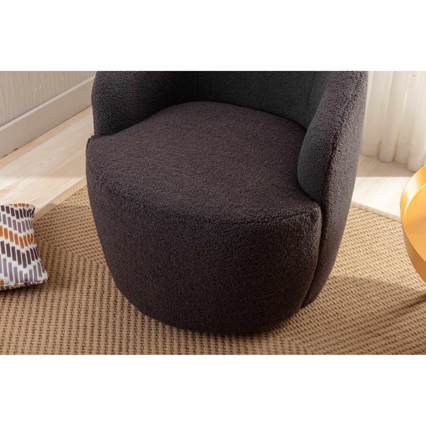 Cozy Teddy Fabric Swivel Accent Armchair - Barrel Chair with Black Metal Ring, Dark Gray Upholstery, Stylish and Comfortable Seating