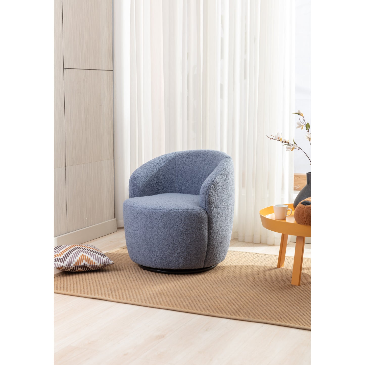 Light Blue Teddy Fabric Swivel Accent Armchair, Barrel Chair with Black Powder Coating Metal Ring for Living Room, Home Office, Cozy Seating