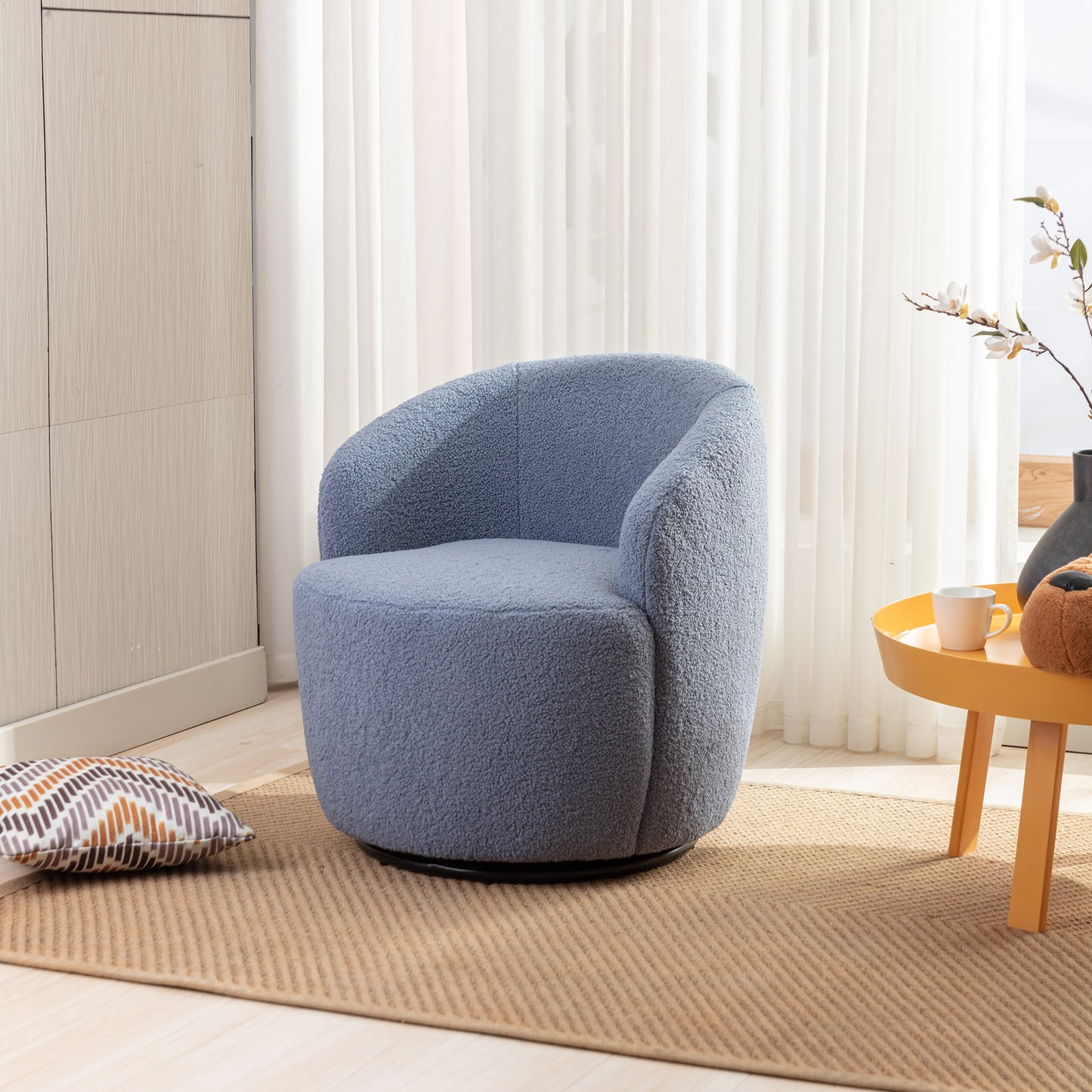 Light Blue Teddy Fabric Swivel Accent Armchair, Barrel Chair with Black Powder Coating Metal Ring for Living Room, Home Office, Cozy Seating