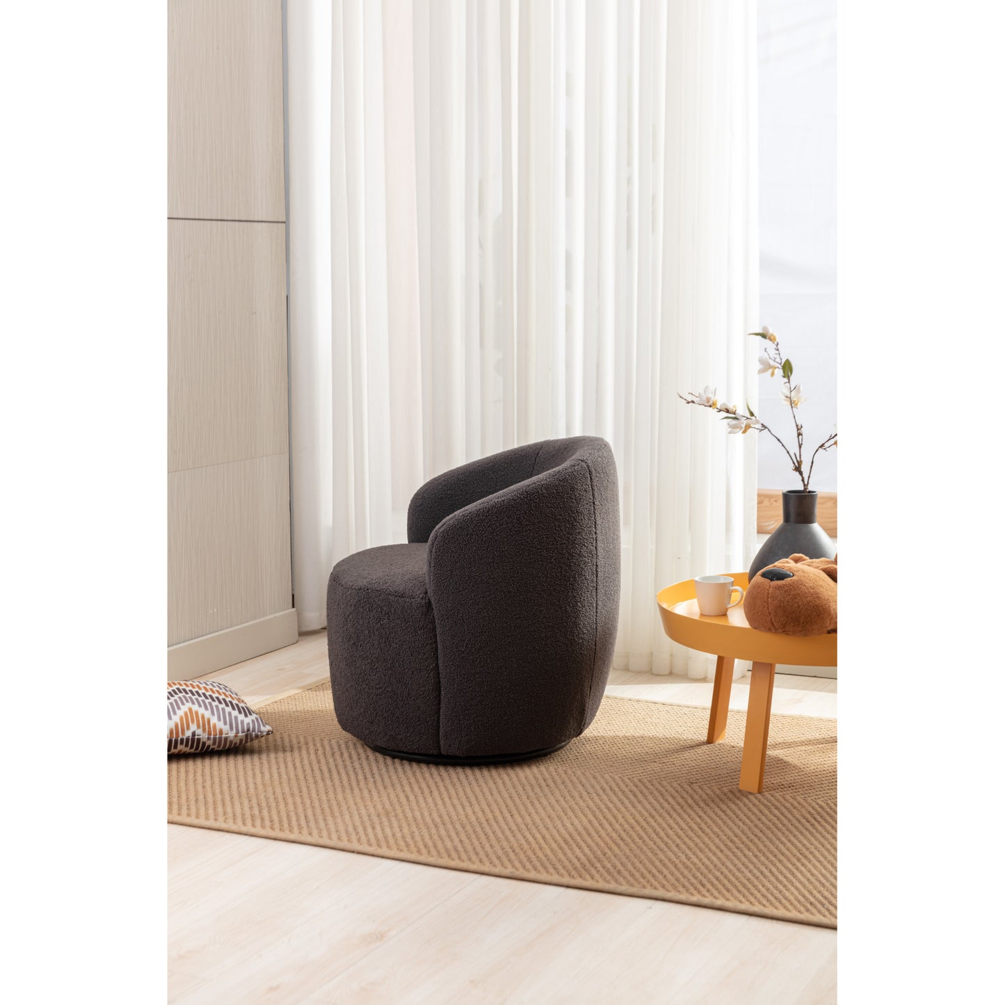 Cozy Teddy Fabric Swivel Accent Armchair - Barrel Chair with Black Metal Ring, Dark Gray Upholstery, Stylish and Comfortable Seating