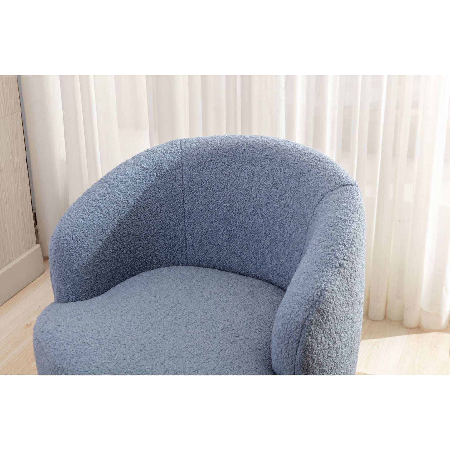 Light Blue Teddy Fabric Swivel Accent Armchair, Barrel Chair with Black Powder Coating Metal Ring for Living Room, Home Office, Cozy Seating