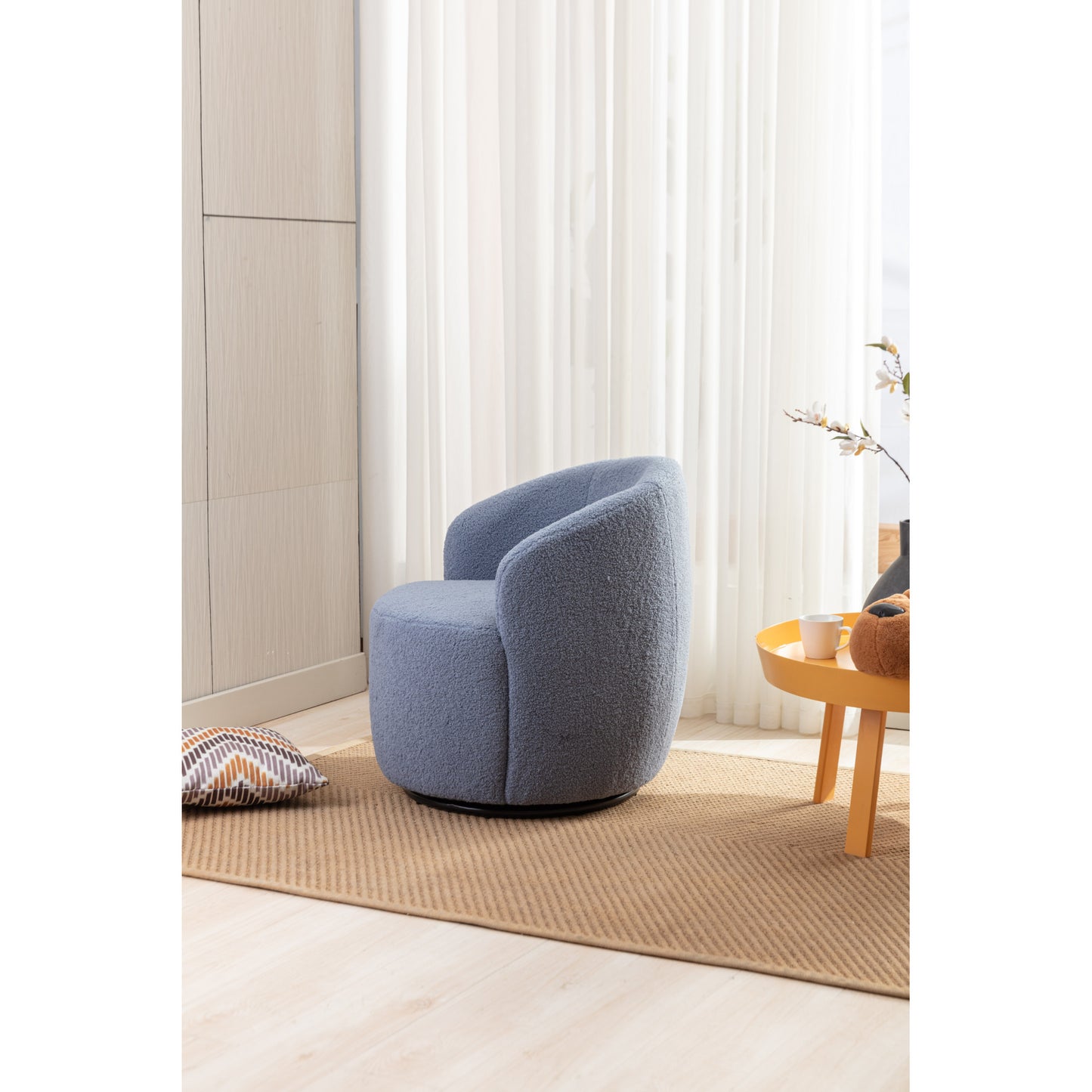 Light Blue Teddy Fabric Swivel Accent Armchair, Barrel Chair with Black Powder Coating Metal Ring for Living Room, Home Office, Cozy Seating