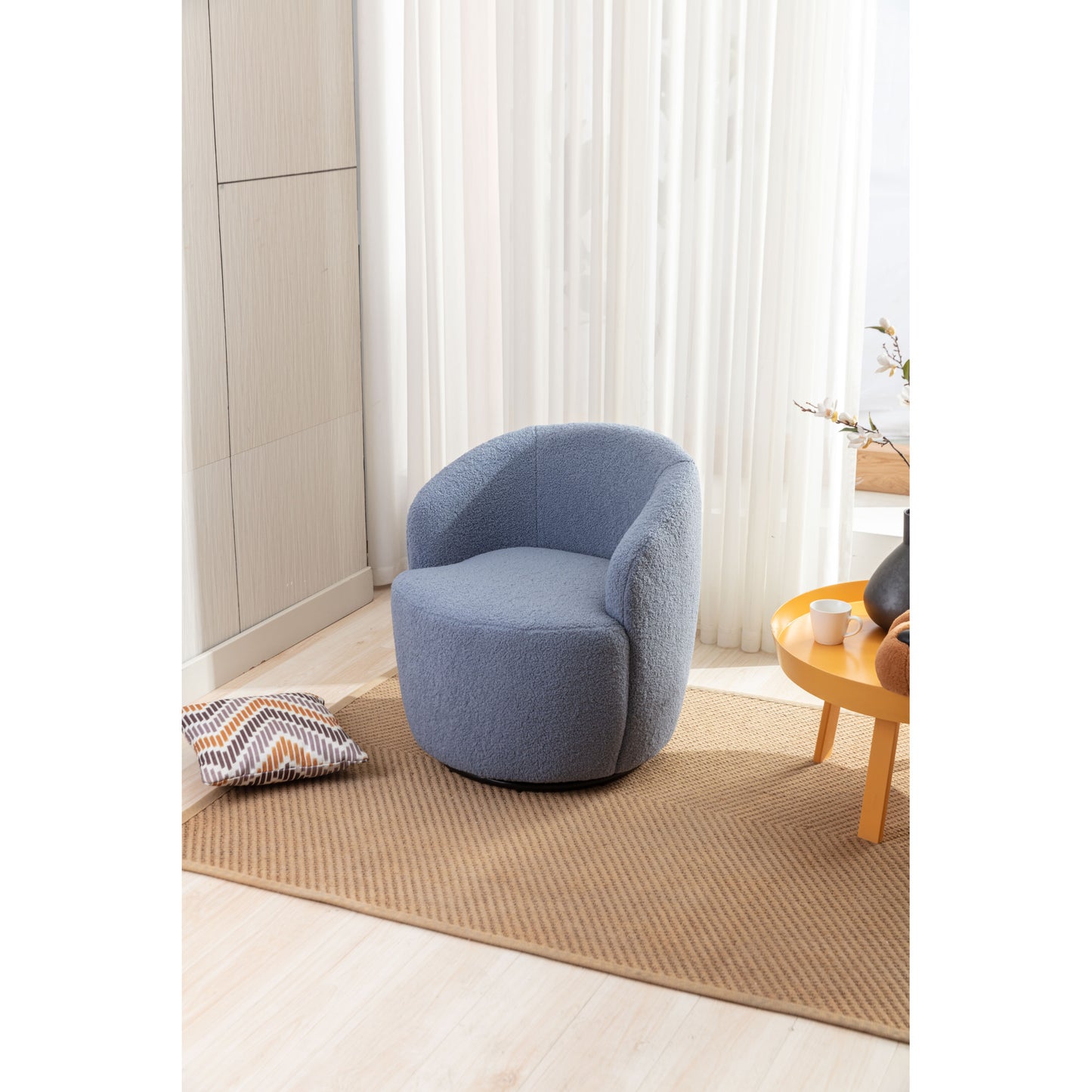 Light Blue Teddy Fabric Swivel Accent Armchair, Barrel Chair with Black Powder Coating Metal Ring for Living Room, Home Office, Cozy Seating