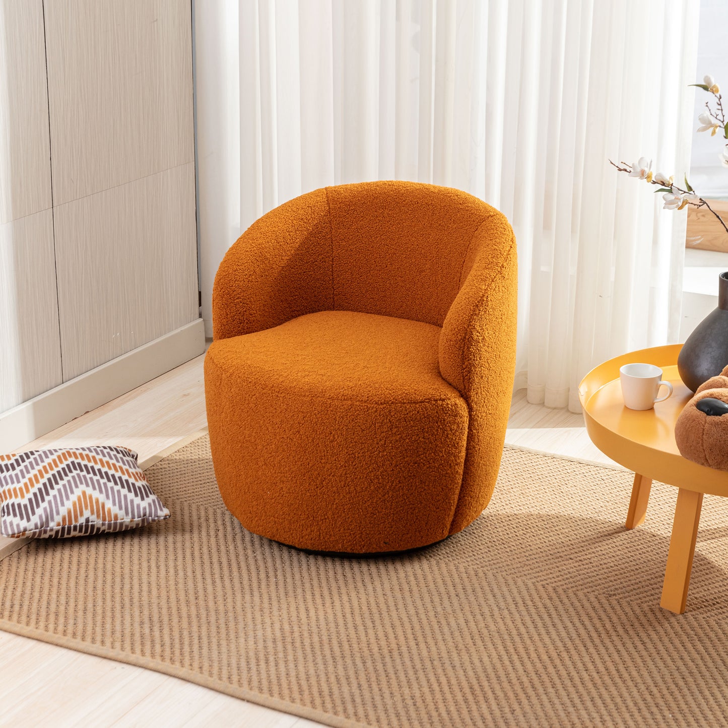 Teddy Fabric Swivel Accent Armchair Barrel Chair with Black Metal Ring Caramel Color