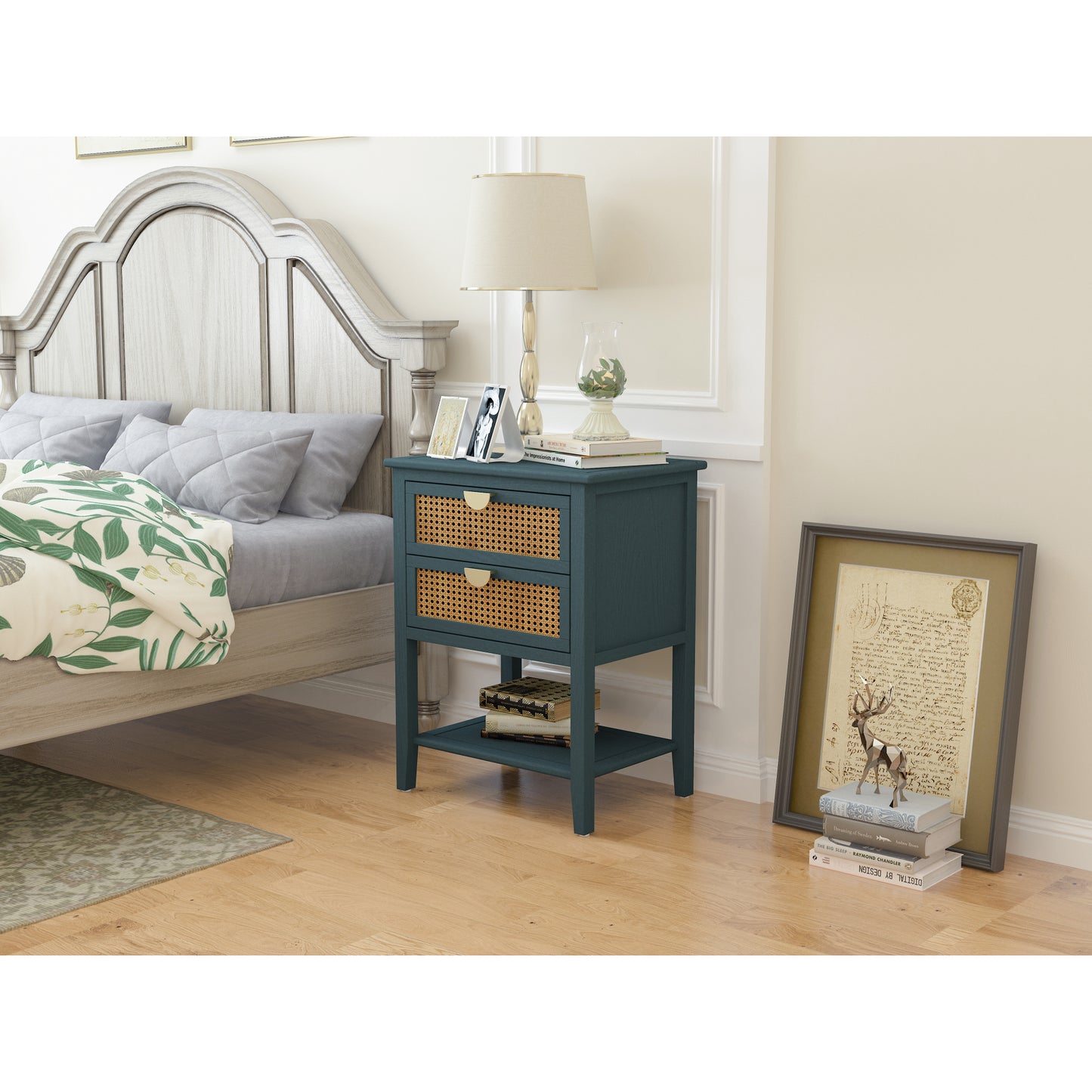 2 Drawer Side Table with Natural Rattan, Stylish End Table for Bedroom, Living Room, and Study - Versatile Storage Solution