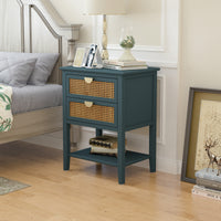 2 Drawer Side Table with Natural Rattan, Stylish End Table for Bedroom, Living Room, and Study - Versatile Storage Solution