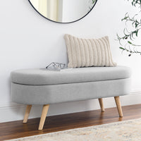 Oval Storage Bench with Rubber Wood Legs - Grey Upholstered Ottoman, 43.5x16x16 - Stylish Seating & Hidden Storage