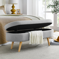 Oval Storage Bench with Rubber Wood Legs - Grey Upholstered Ottoman, 43.5x16x16 - Stylish Seating & Hidden Storage