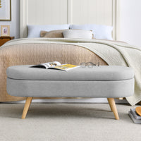 Oval Storage Bench with Rubber Wood Legs - Grey Upholstered Ottoman, 43.5x16x16 - Stylish Seating & Hidden Storage
