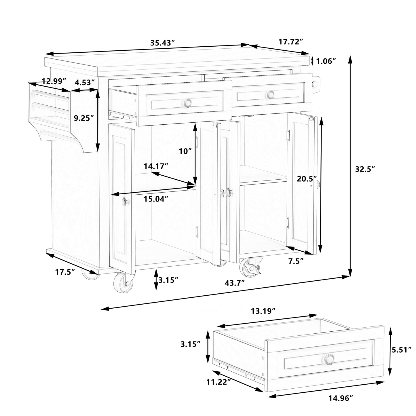 Kitchen Island Cart With Two Storage Cabinets And Two Locking Wheels,43.31 Inch Width,4 Door Cabinet And Two Drawers,Spice Rack, Towel Rack