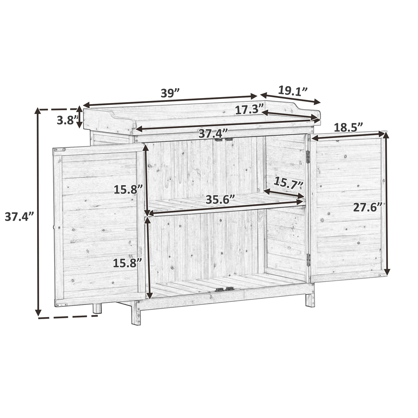 Outdoor 39" Potting Bench Table, Rustic Garden Wood Workstation Storage Cabinet Garden Shed with 2-Tier Shelves and Side Hook, Grey