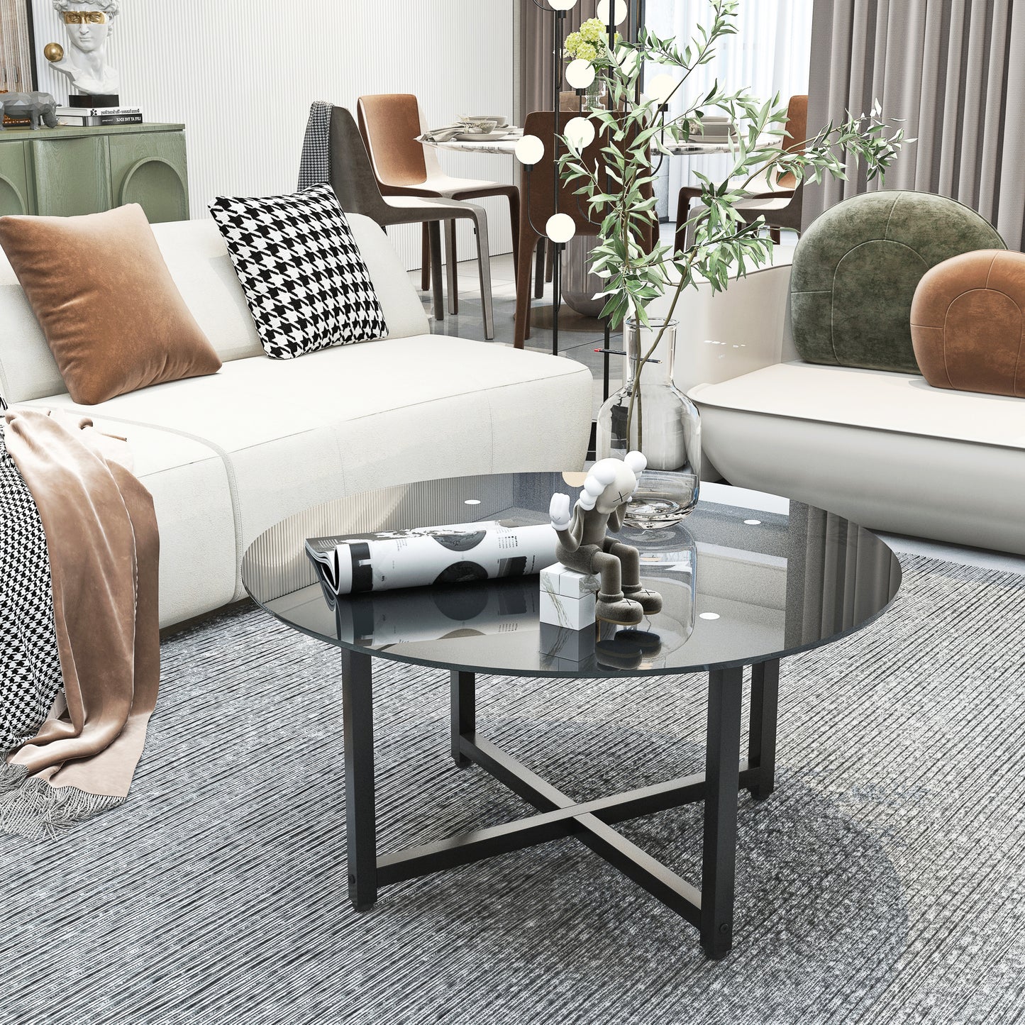 35.5'' Round Black Coffee Table - Modern Clear Center Table for Living Room Furniture