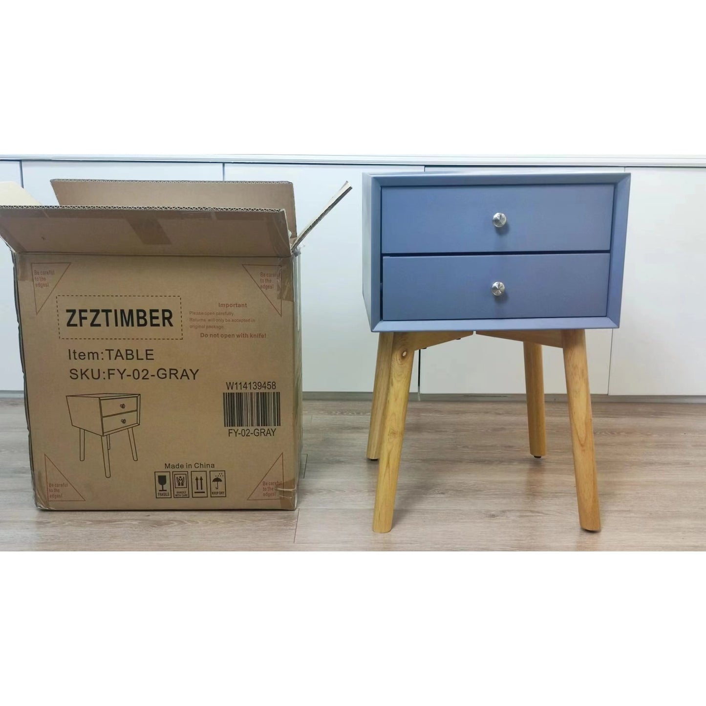 Mid-Century Modern Side Table with 2 Drawers, Bedside Storage Cabinet, Rubber Wood Legs, Stylish Gray Finish for Bedroom & Living Room