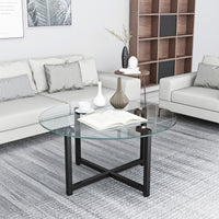 Round Transparent Glass Coffee Table with Black Legs - Modern Clear Side Table for Living Room Furniture, Stylish Center Table