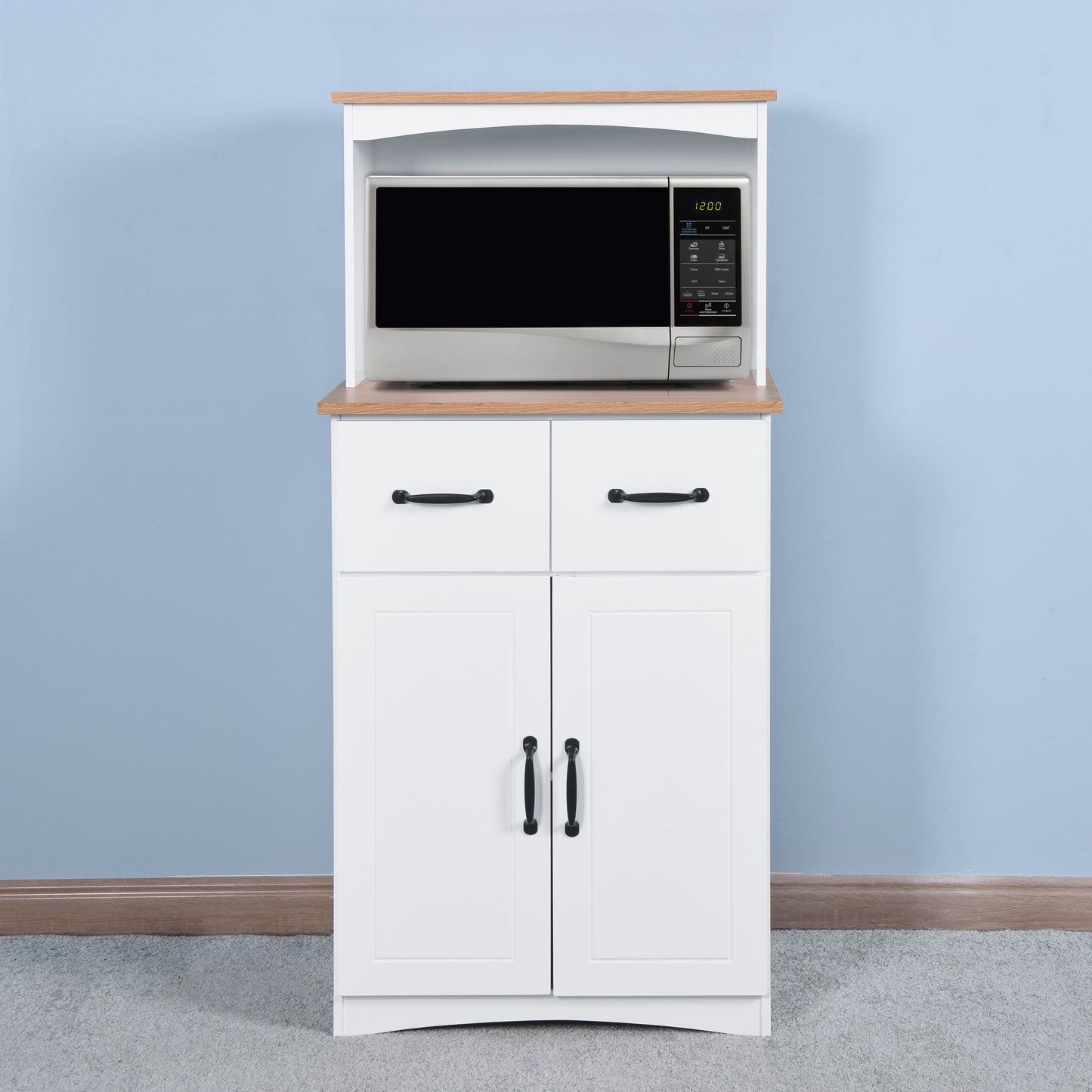 White Wooden Kitchen Cabinet - Pantry Storage Unit with Microwave Shelf and Storage Drawer for Kitchen Organization