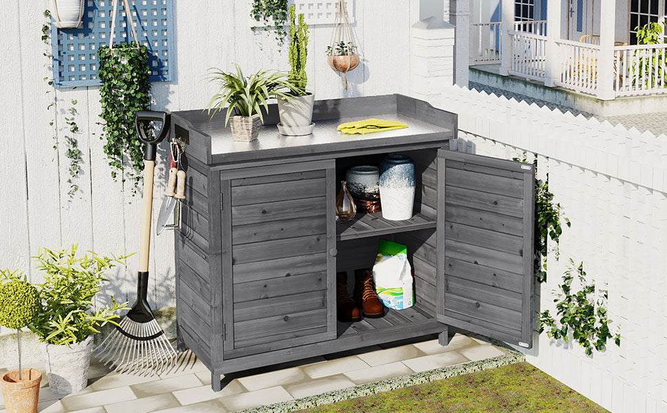 Outdoor 39" Potting Bench Table, Rustic Garden Wood Workstation Storage Cabinet Garden Shed with 2-Tier Shelves and Side Hook, Grey