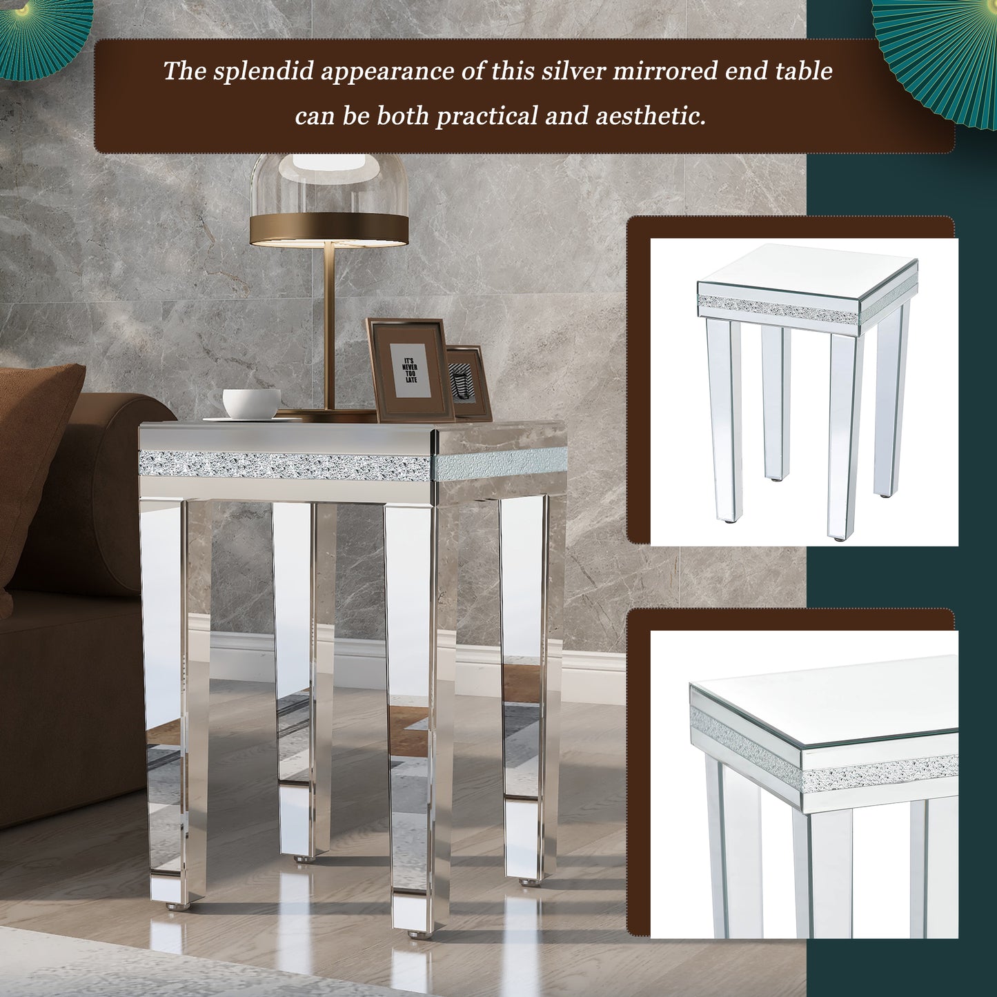 Fashionable Modern Glass Mirrored Side Table - Crystal Design, Adjustable Height Legs, Easy Assembly End Table - Silver