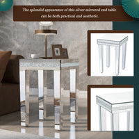 Fashionable Modern Glass Mirrored Side Table - Crystal Design, Adjustable Height Legs, Easy Assembly End Table - Silver