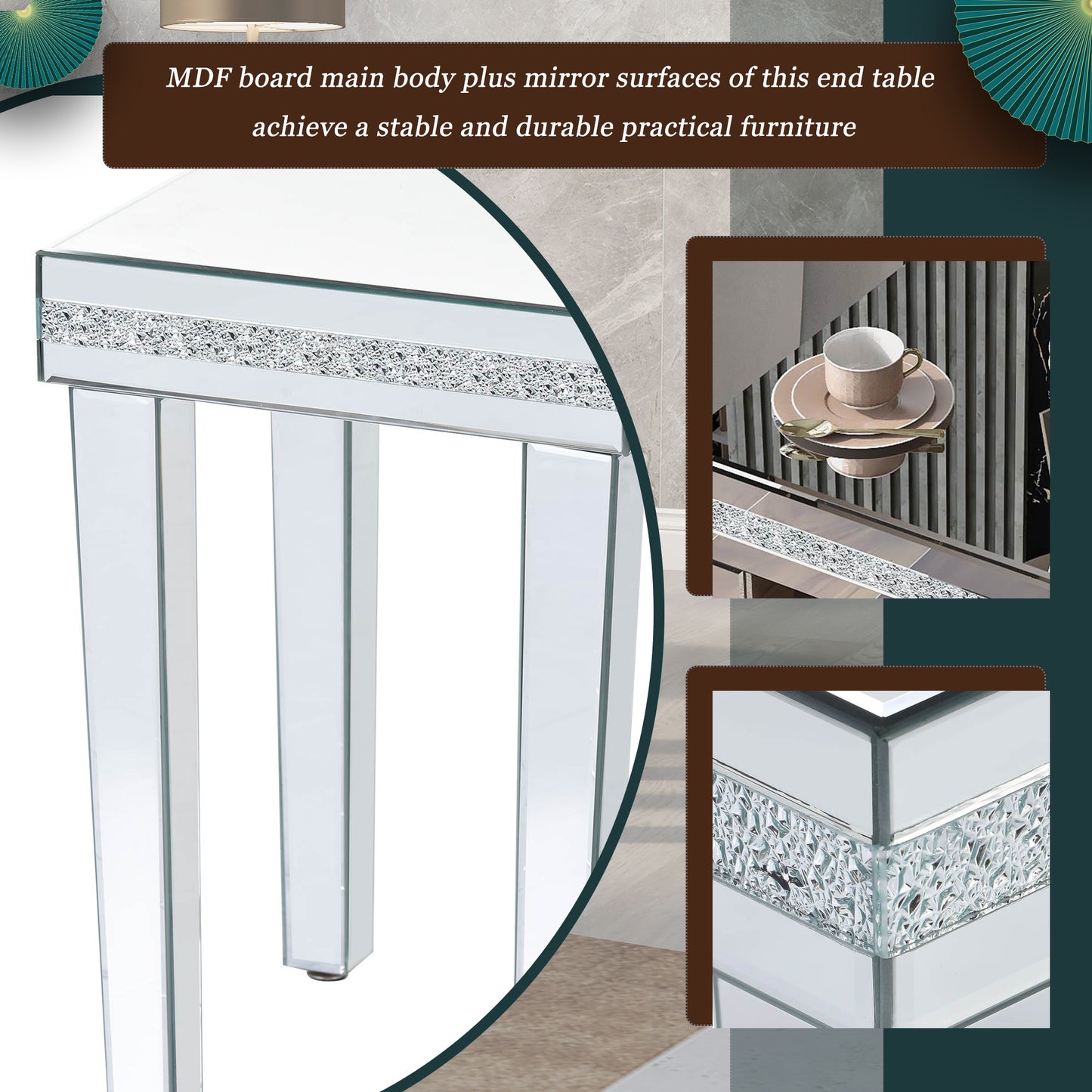 Fashionable Modern Glass Mirrored Side Table - Crystal Design, Adjustable Height Legs, Easy Assembly End Table - Silver