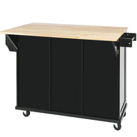 Black Kitchen Island Cart with Rubberwood Drop-Leaf Top Storage Cabinet and 3 Drawers on Wheels