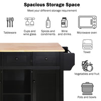Black Kitchen Island Cart with Rubberwood Drop-Leaf Top Storage Cabinet and 3 Drawers on Wheels
