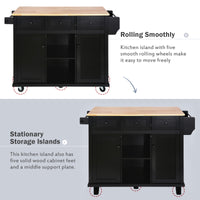 Black Kitchen Island Cart with Rubberwood Drop-Leaf Top Storage Cabinet and 3 Drawers on Wheels